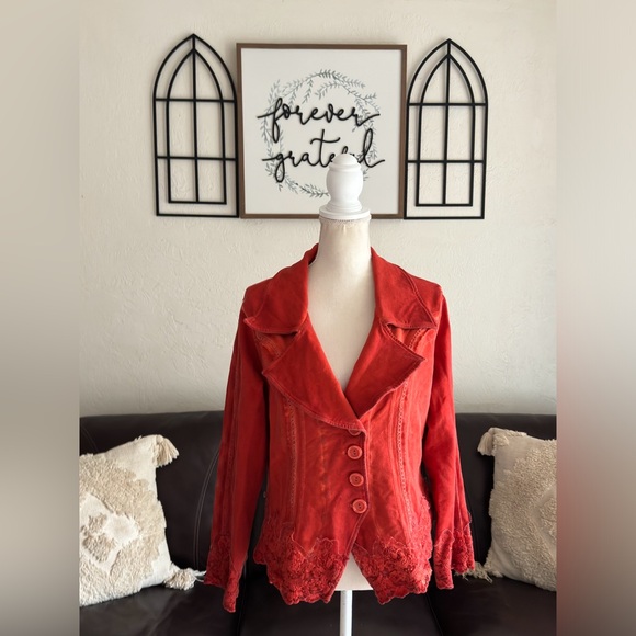 Gretty Zueger Jacket Cover Size Large Orange Button Front Embroidered Appliqué - Picture 1 of 11